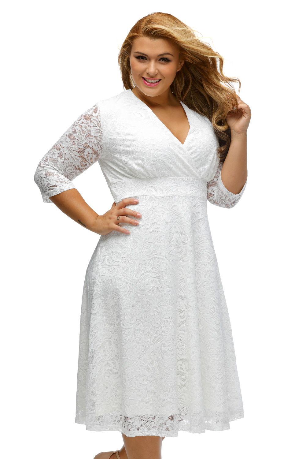 BY61442-1 White Plus Size Surplice Lace Formal Skater Dress